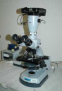 Photo of Zeiss Standard 16 model phase contrast microscope with a Zeiss M-35 camera.